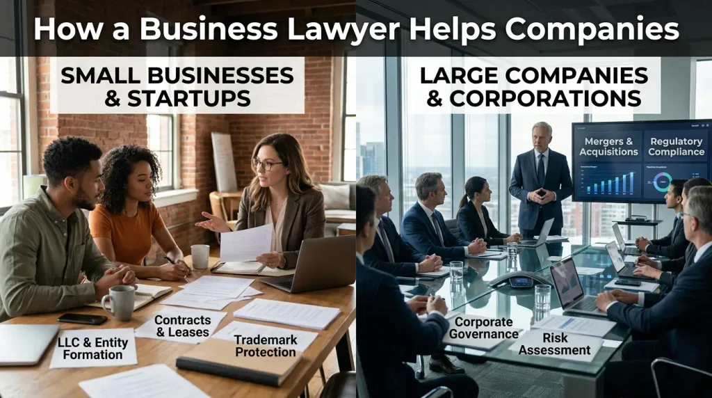 Benefits of a business lawyer for small and large companies, including legal protection, contract management, regulatory compliance, risk prevention, and business dispute resolution © BizCoreHub.com I AI Generated