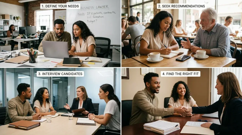 How to Find the Right Business Lawyer by evaluating legal experience, industry expertise, communication skills, fees, and small business needs © BizCoreHub.com I AI Generated