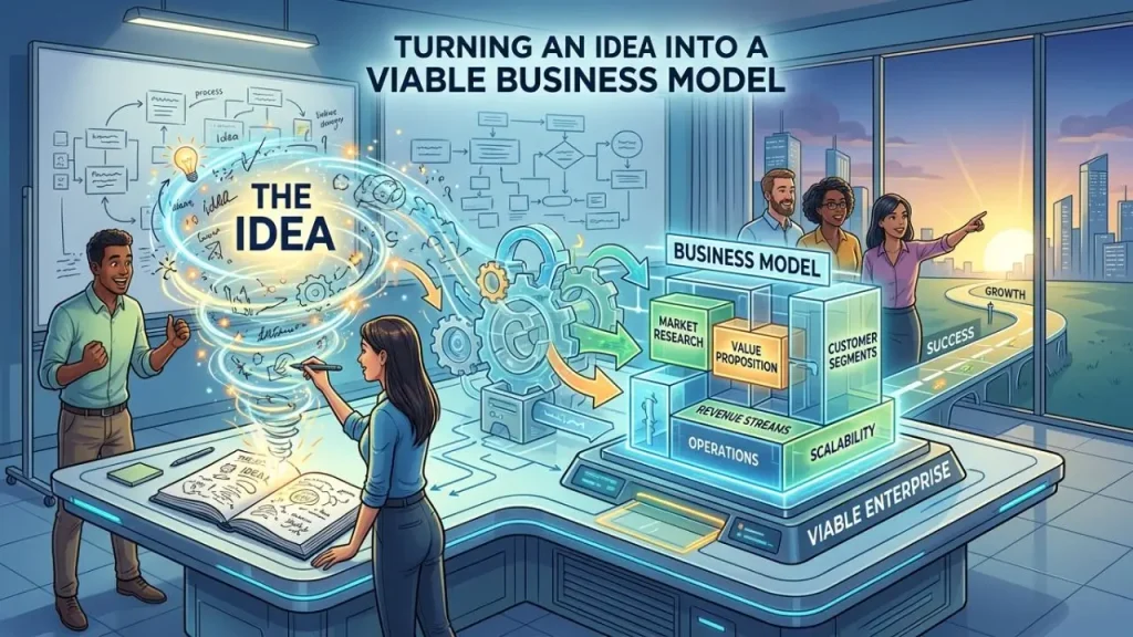 Turning a Business Idea Into a Viable Business Model © BizCoreHub.com I AI Generated