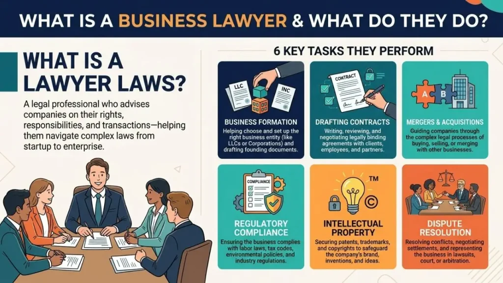 What Is a Business Lawyer and What Tasks Do They Perform? Exploring legal advice, business contracts, compliance, and dispute resolution for small businesses © BizCoreHub.com I AI Generated