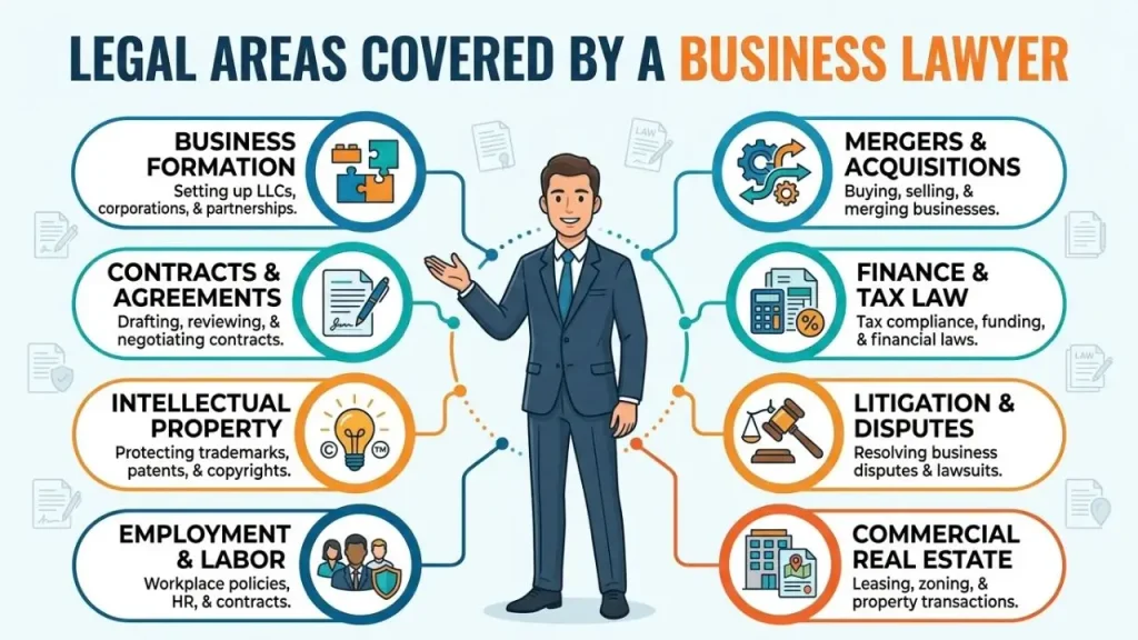 What Legal Areas Does a Business Lawyer Cover? Exploring business contracts, employment law, company formation, intellectual property, regulatory compliance, and dispute resolution © BizCoreHub.com I AI Generated